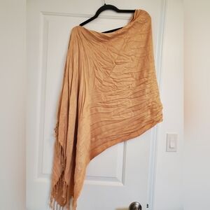 Gold Tan Patterned Shawl Pashina Wrap Poncho With Fringe